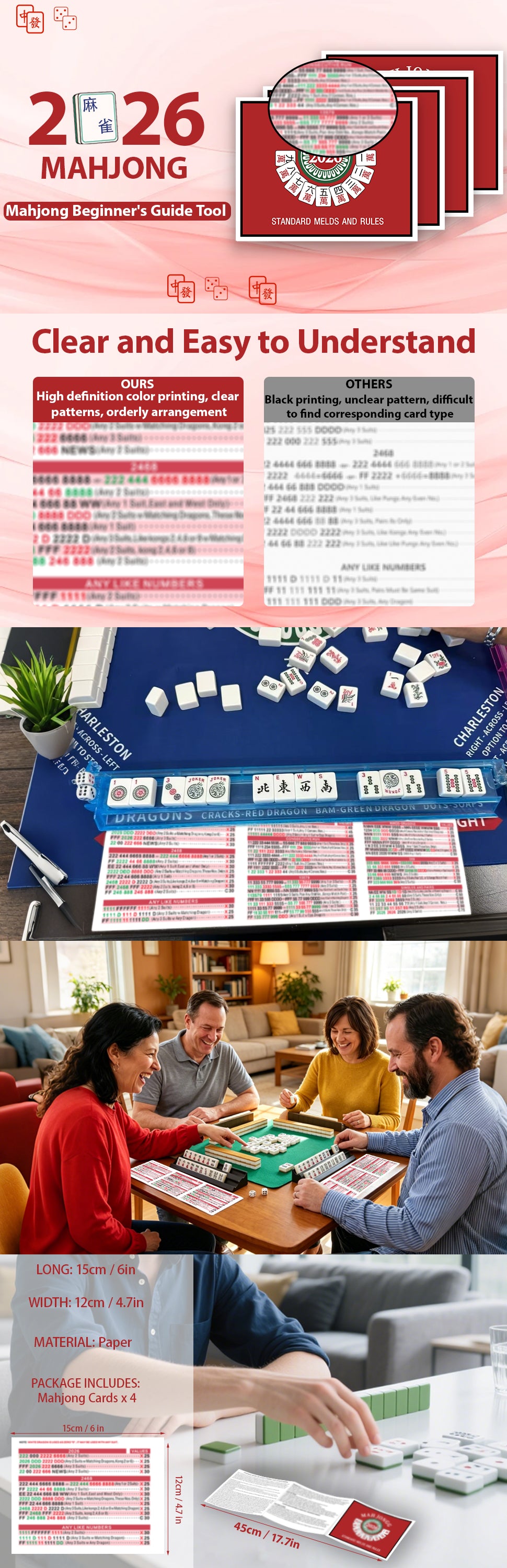 Mahjong Cards 2026, 4PCS Mah Jongg Cards - Large Print - Easy to Read Mah Jong Rule Guide Mahjong Accessories and Gifts for Mahjong Beginners