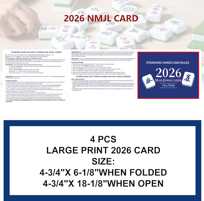 Mahjong Cards 2026, 4PCS Mah Jongg Cards - Large Print - Easy to Read Mah Jong Rule Guide Mahjong Accessories and Gifts for Mahjong Beginners