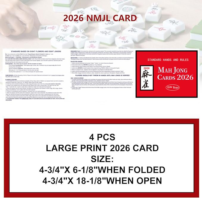 Mahjong Cards 2026, 4PCS Mah Jongg Cards - Large Print - Easy to Read Mah Jong Rule Guide Mahjong Accessories and Gifts for Mahjong Beginners