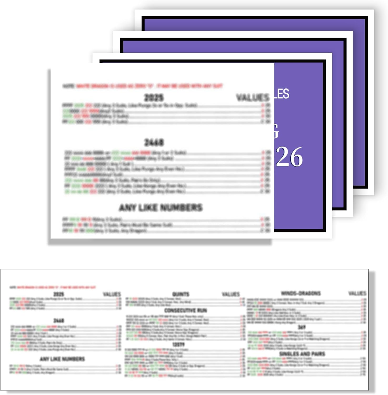 4Pcs Mahjong Cards 2026 Official Revision, Large Print Mah Jongg Card, Easy to Read Rule Guide, Suitable for Mah Jong Beginners