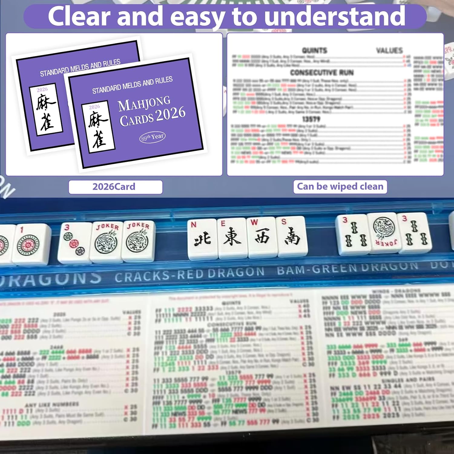 4Pcs Mahjong Cards 2026 Official Revision, Large Print Mah Jongg Card, Easy to Read Rule Guide, Suitable for Mah Jong Beginners
