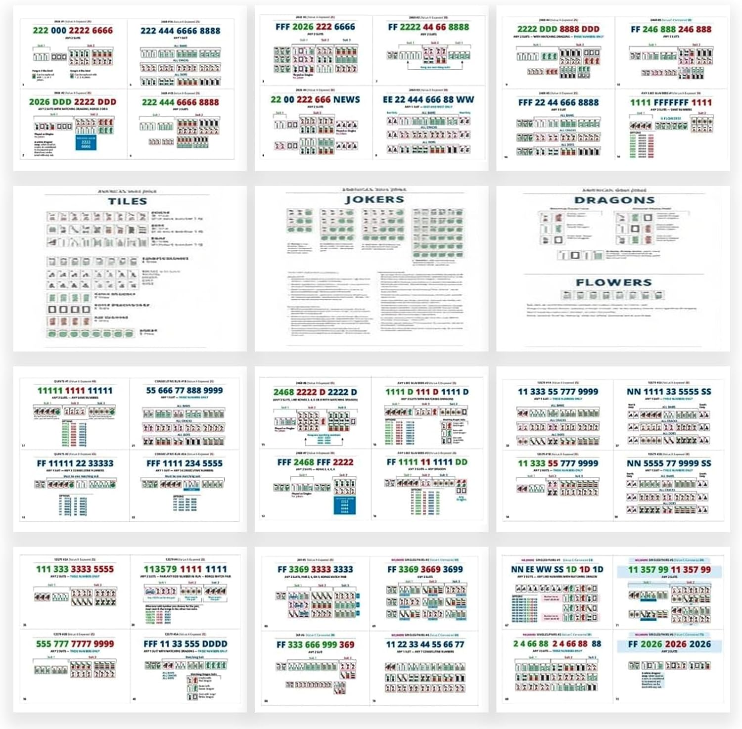 2026 Mah Jongg Learning Cards, Visual Reference Guide with 72 Hands, Cheat Sheet & Scoring Aid for Easy Gameplay, Portable Color-Coded Flash Cards